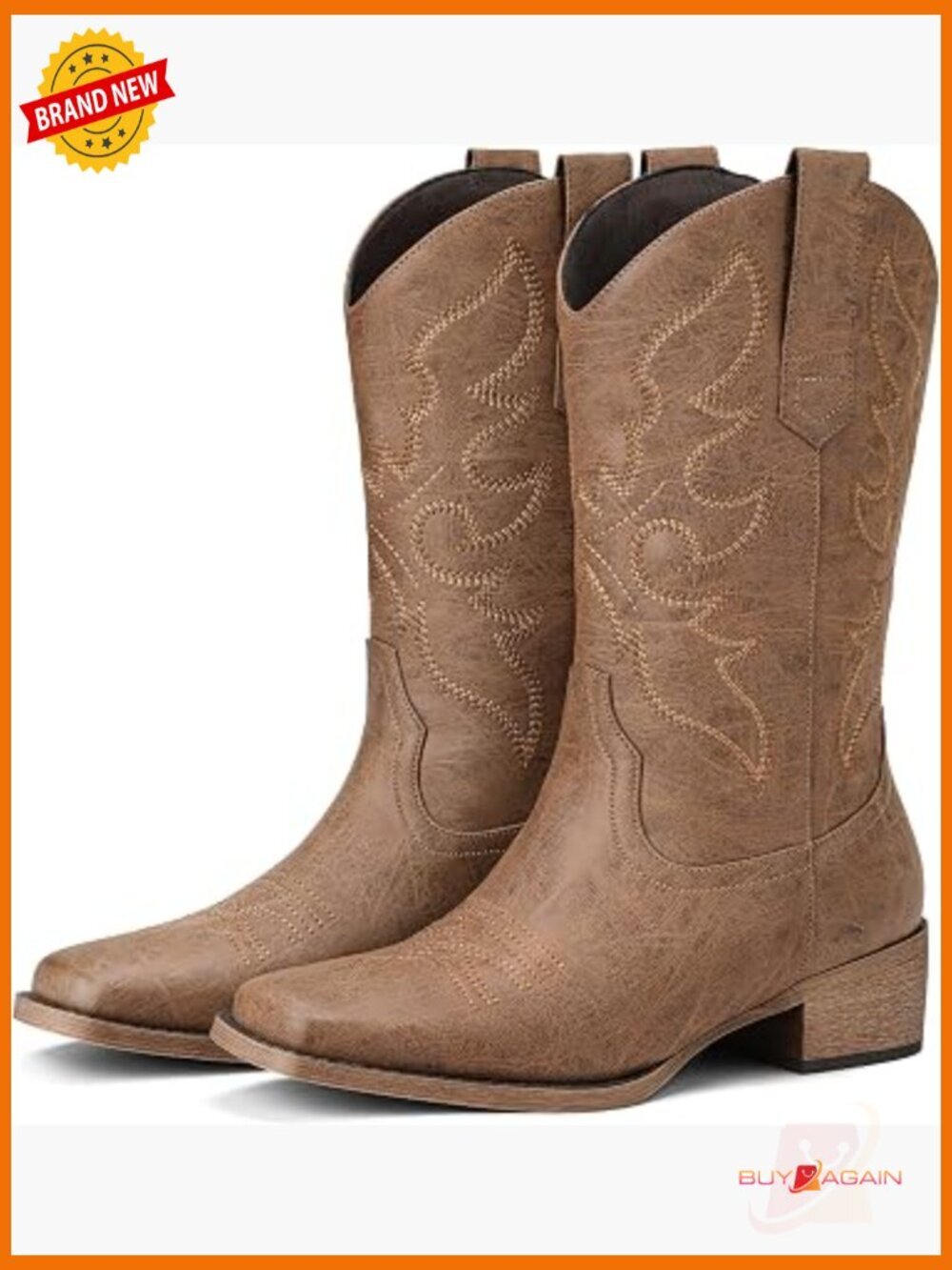 Western Cowgirl Boots Square Toe Mid Calf Chunky Heel Embroidered